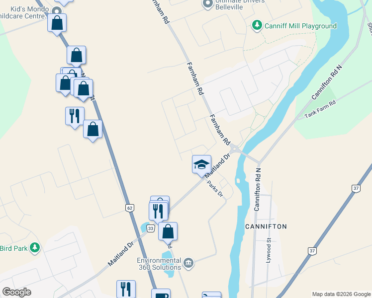 map of restaurants, bars, coffee shops, grocery stores, and more near 32 Walnut Crescent in Belleville
