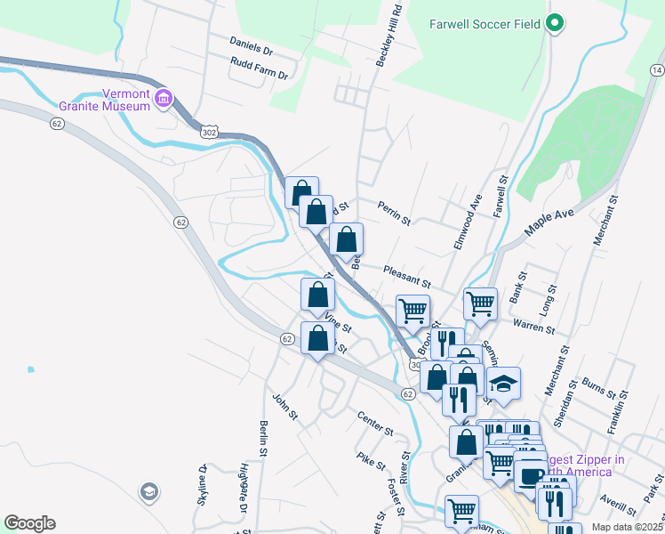 map of restaurants, bars, coffee shops, grocery stores, and more near 502 North Main Street in Barre