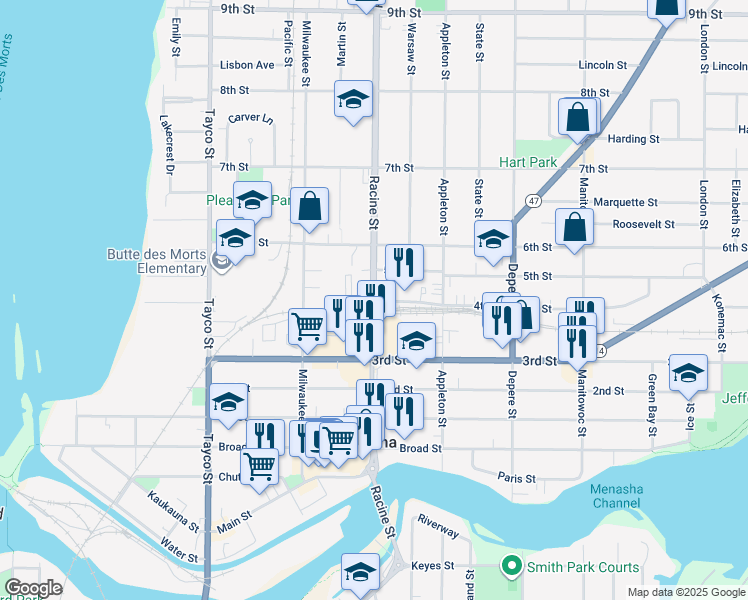 map of restaurants, bars, coffee shops, grocery stores, and more near Racine Street in Menasha