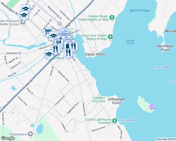 map of restaurants, bars, coffee shops, grocery stores, and more near 6 Bay Road in Camden