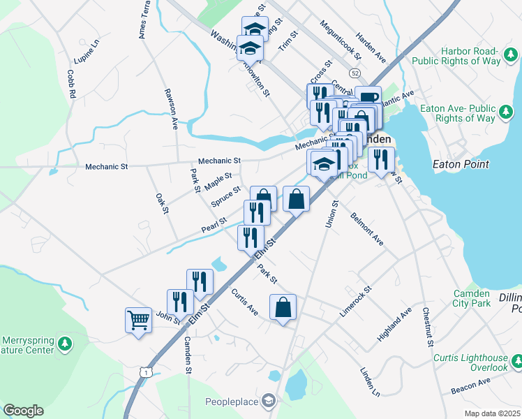 map of restaurants, bars, coffee shops, grocery stores, and more near 34 Pearl Street in Camden