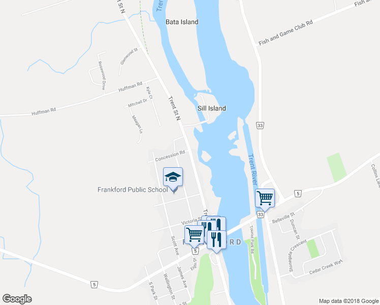 map of restaurants, bars, coffee shops, grocery stores, and more near 117 Trent Street North in Quinte West