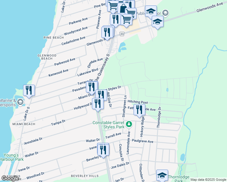 map of restaurants, bars, coffee shops, grocery stores, and more near 25 Garrett styles drive in Georgina