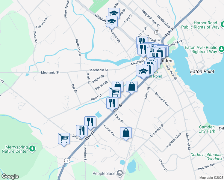 map of restaurants, bars, coffee shops, grocery stores, and more near 34 Pearl Street in Camden