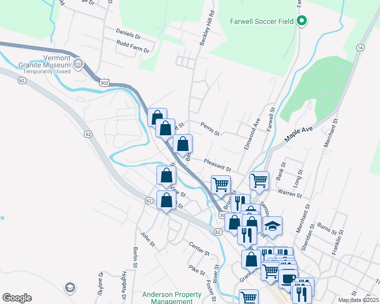 map of restaurants, bars, coffee shops, grocery stores, and more near 12 Beckley Street in Barre