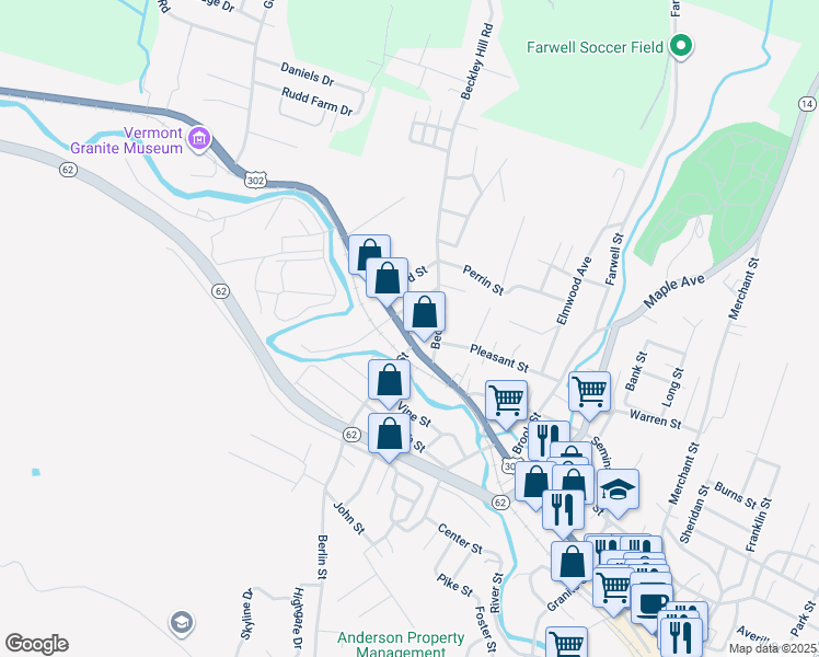 map of restaurants, bars, coffee shops, grocery stores, and more near 502 North Main Street in Barre