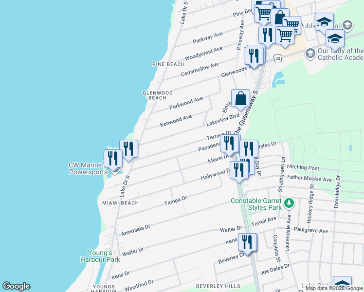 map of restaurants, bars, coffee shops, grocery stores, and more near Terrace Drive in Georgina