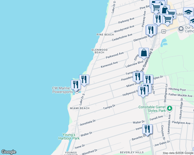 map of restaurants, bars, coffee shops, grocery stores, and more near 329 Lakeview Boulevard in Georgina