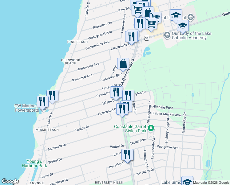 map of restaurants, bars, coffee shops, grocery stores, and more near 270 Miami Drive in Georgina