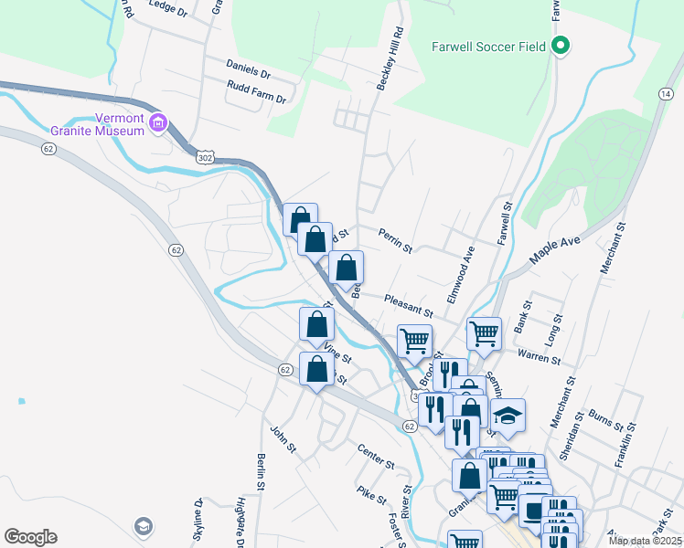 map of restaurants, bars, coffee shops, grocery stores, and more near 12 Beckley Street in Barre