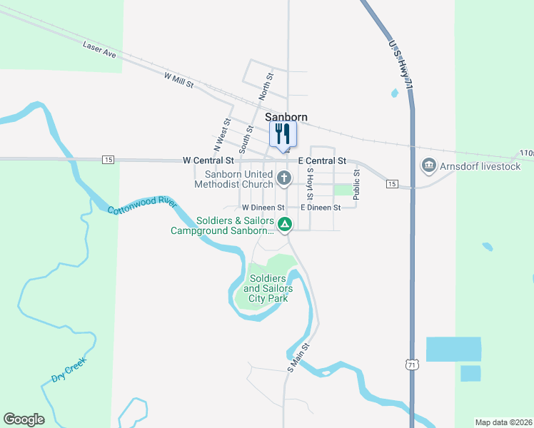 map of restaurants, bars, coffee shops, grocery stores, and more near 201 West Dineen Street in Sanborn