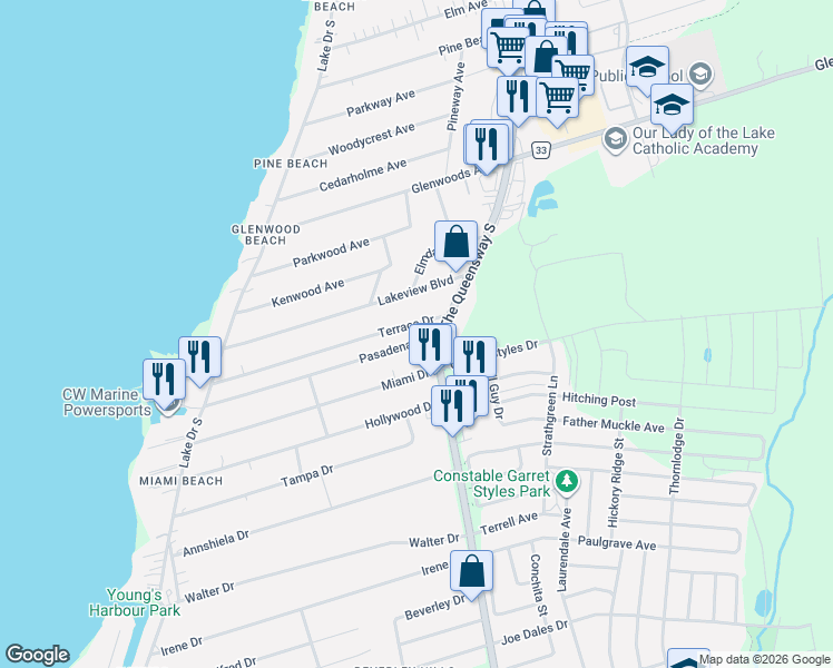 map of restaurants, bars, coffee shops, grocery stores, and more near 268 Pasadena Drive in Georgina