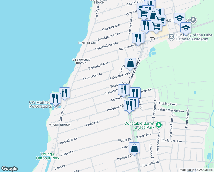 map of restaurants, bars, coffee shops, grocery stores, and more near 288 Terrace Drive in Georgina