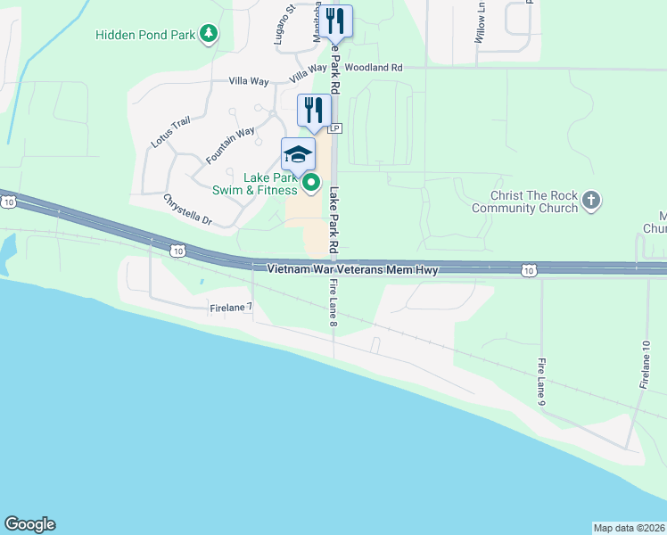 map of restaurants, bars, coffee shops, grocery stores, and more near 8714 Lake Park Road in Menasha