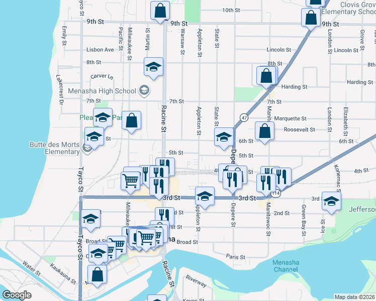 map of restaurants, bars, coffee shops, grocery stores, and more near 525 6th Street in Menasha