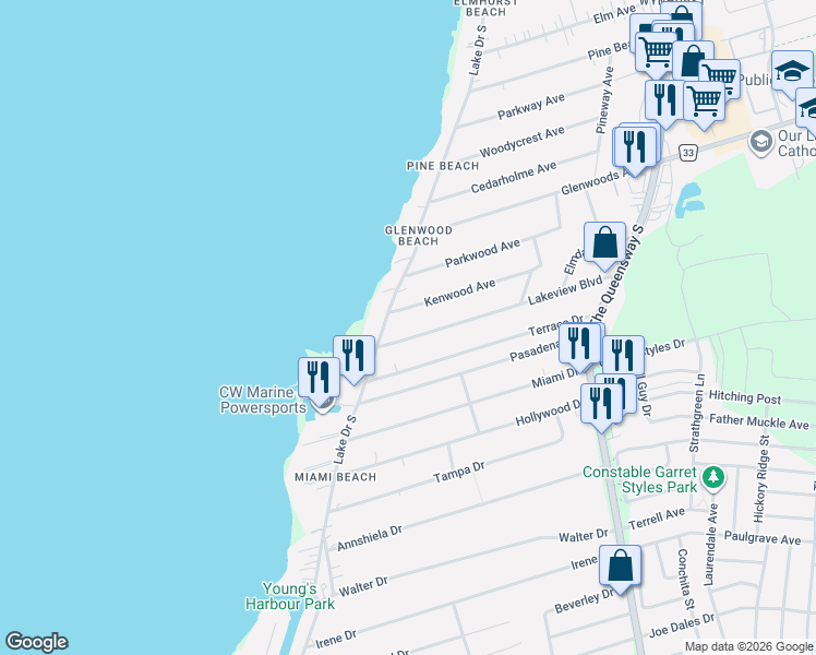 map of restaurants, bars, coffee shops, grocery stores, and more near 322 Lakeview Boulevard in Georgina