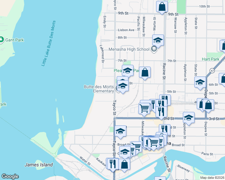 map of restaurants, bars, coffee shops, grocery stores, and more near 228 Olde Pulley Lane in Menasha