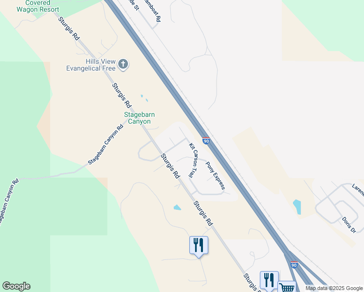 map of restaurants, bars, coffee shops, grocery stores, and more near 13125-13217 Kit Carson Trail in Meade