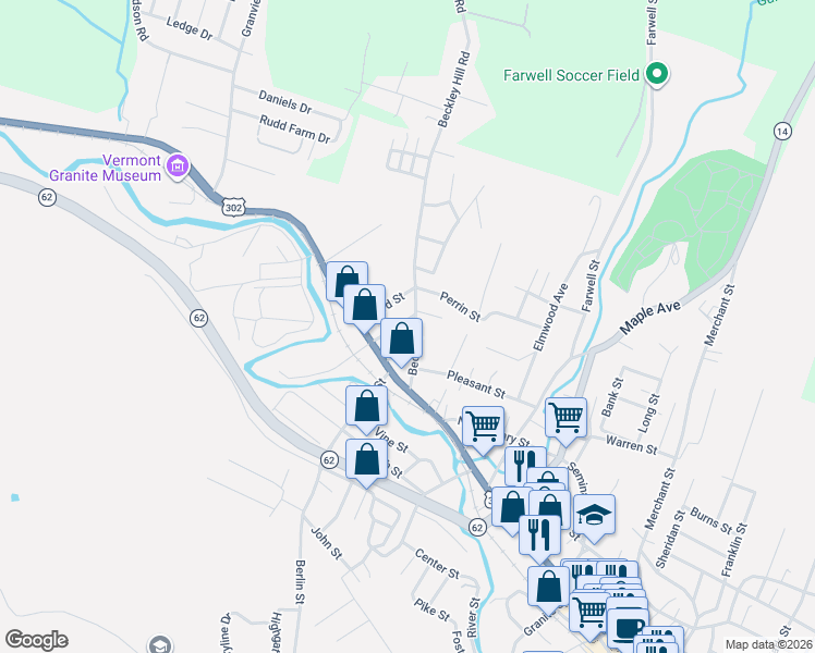map of restaurants, bars, coffee shops, grocery stores, and more near 26 Second Street in Barre