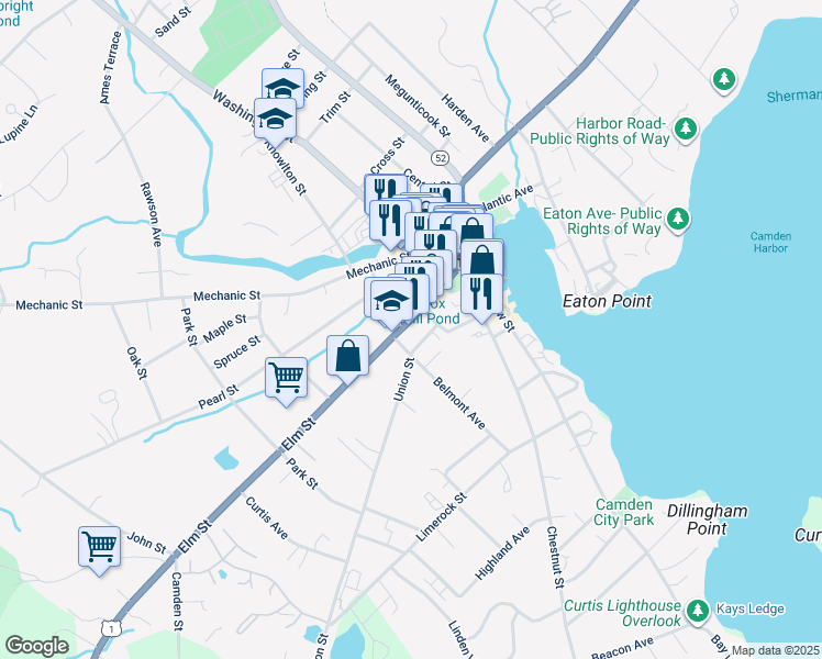 map of restaurants, bars, coffee shops, grocery stores, and more near 55 Elm Street in Camden