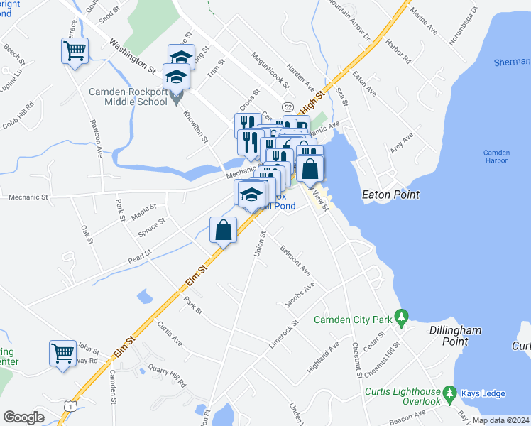 map of restaurants, bars, coffee shops, grocery stores, and more near 55 Elm Street in Camden