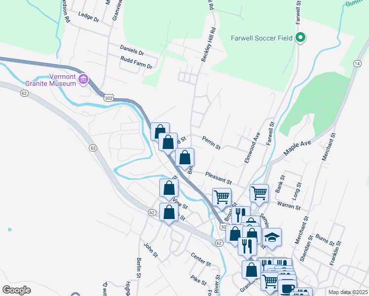 map of restaurants, bars, coffee shops, grocery stores, and more near 26 Second Street in Barre