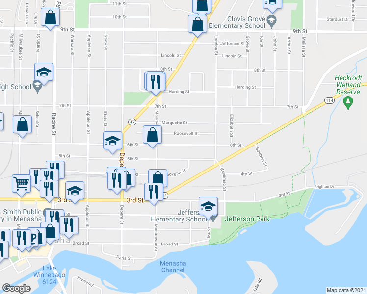 map of restaurants, bars, coffee shops, grocery stores, and more near 845 6th Street in Menasha
