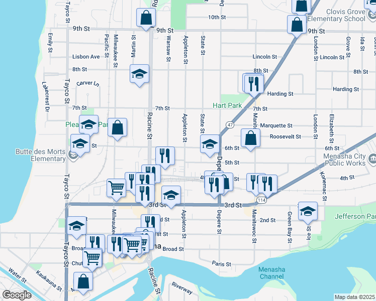 map of restaurants, bars, coffee shops, grocery stores, and more near 513 Appleton Street in Menasha