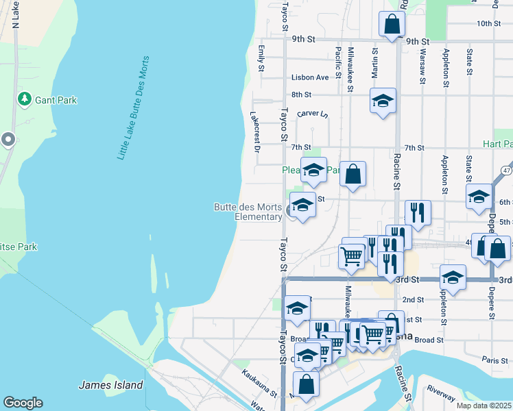 map of restaurants, bars, coffee shops, grocery stores, and more near 201 Olde Pulley Lane in Menasha