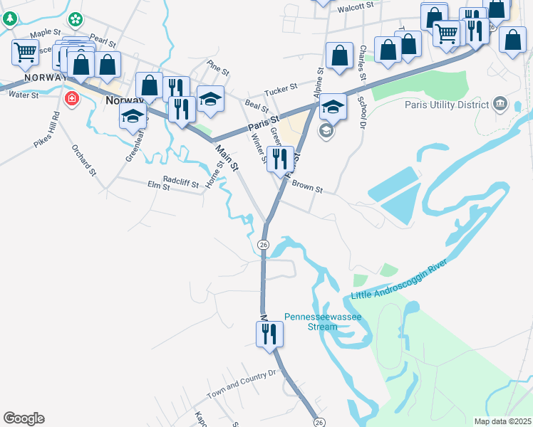 map of restaurants, bars, coffee shops, grocery stores, and more near 155 Main Street in Norway