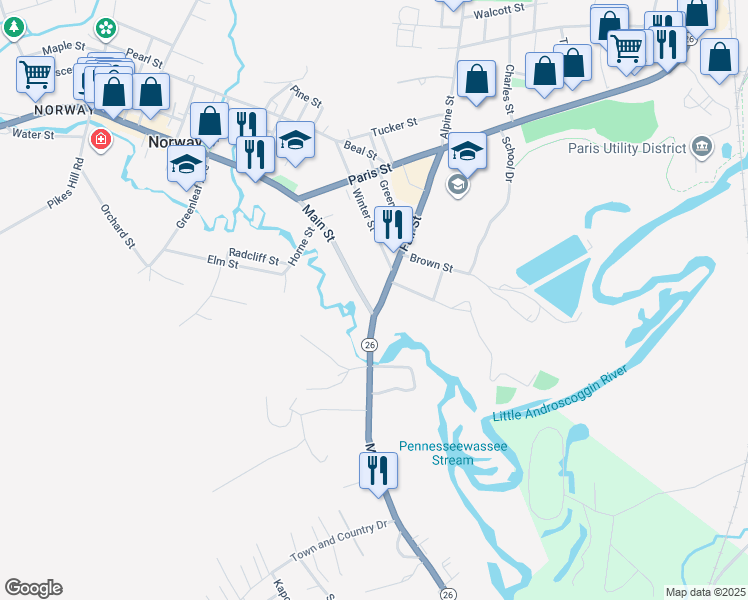 map of restaurants, bars, coffee shops, grocery stores, and more near 155 Main Street in Norway