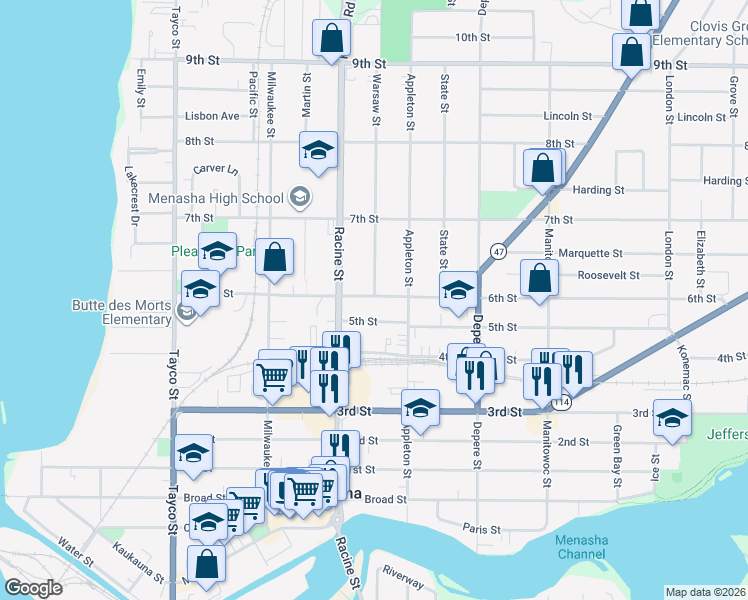 map of restaurants, bars, coffee shops, grocery stores, and more near 525 6th Street in Menasha