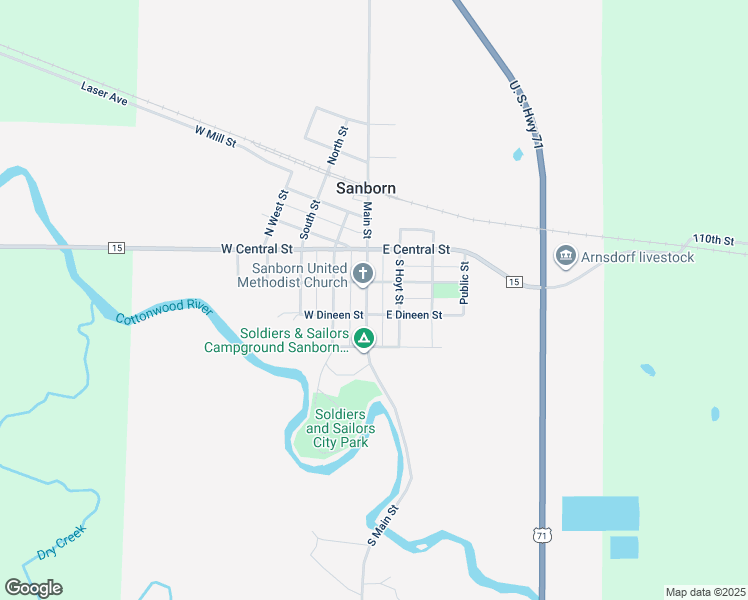 map of restaurants, bars, coffee shops, grocery stores, and more near 230 South Main Street in Sanborn
