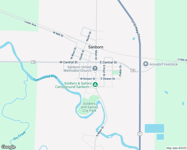 map of restaurants, bars, coffee shops, grocery stores, and more near 230 South Main Street in Sanborn