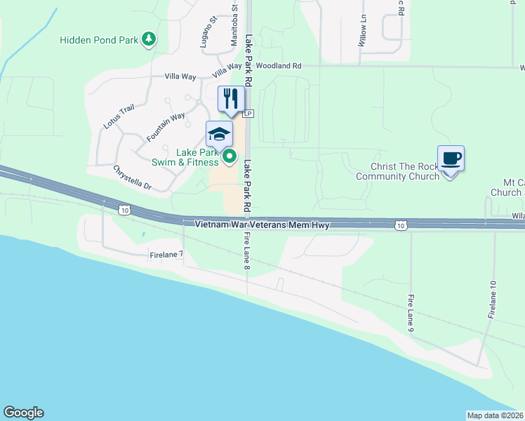 map of restaurants, bars, coffee shops, grocery stores, and more near 8714 Lake Park Road in Menasha