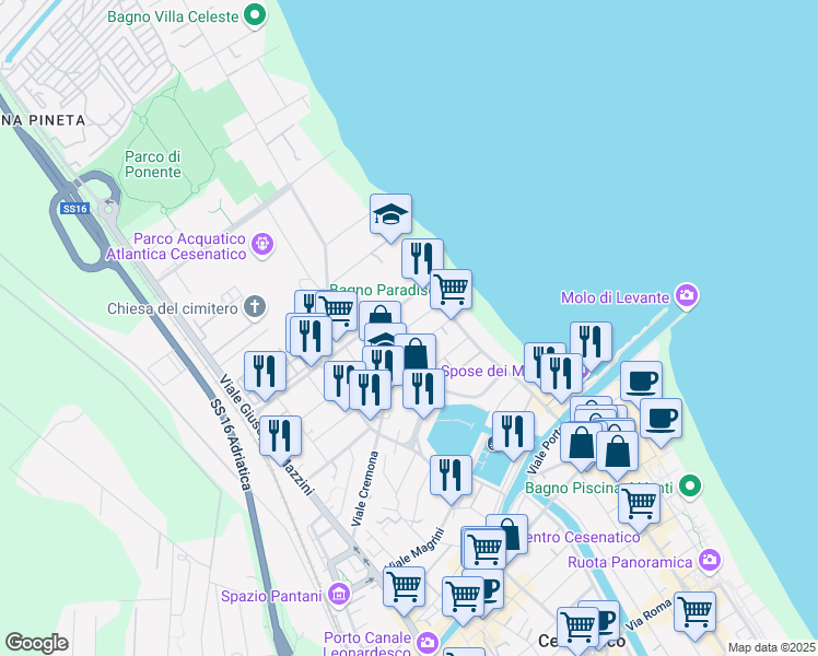 map of restaurants, bars, coffee shops, grocery stores, and more near 15 Viale Antonio da Noli in Cesenatico