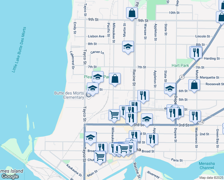 map of restaurants, bars, coffee shops, grocery stores, and more near 600 Milwaukee Street in Menasha