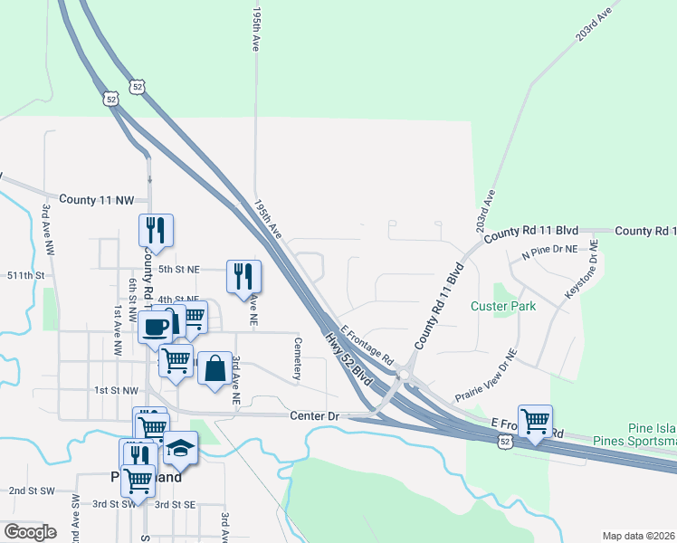 map of restaurants, bars, coffee shops, grocery stores, and more near 440 Cedar Court Northeast in Pine Island
