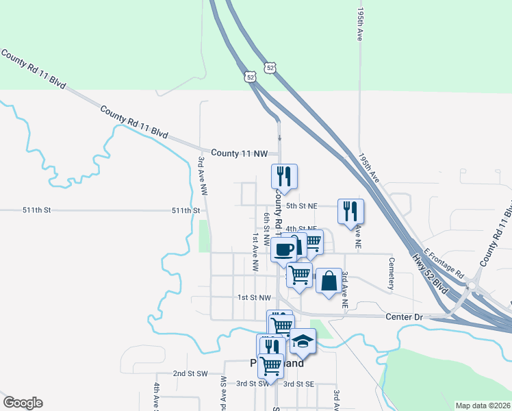 map of restaurants, bars, coffee shops, grocery stores, and more near 5th Street Northwest in Pine Island