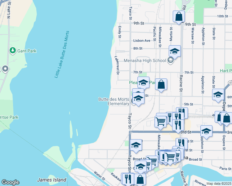 map of restaurants, bars, coffee shops, grocery stores, and more near 201 Olde Pulley Lane in Menasha