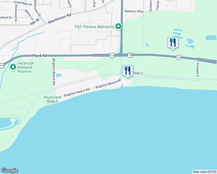 map of restaurants, bars, coffee shops, grocery stores, and more near 1801 Brighton Beach Road in Menasha