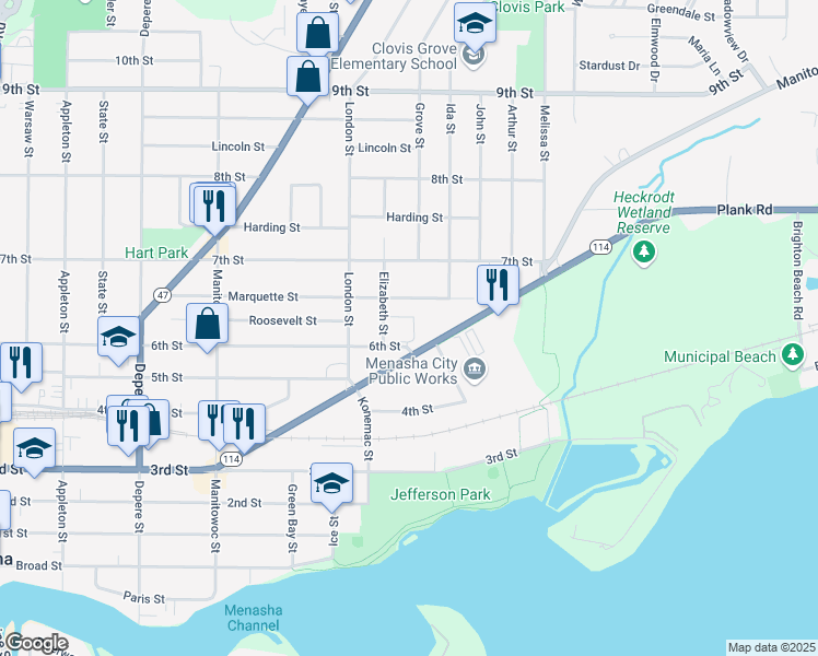 map of restaurants, bars, coffee shops, grocery stores, and more near 936 6th Street in Menasha