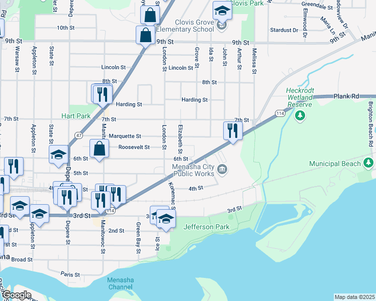 map of restaurants, bars, coffee shops, grocery stores, and more near in Menasha