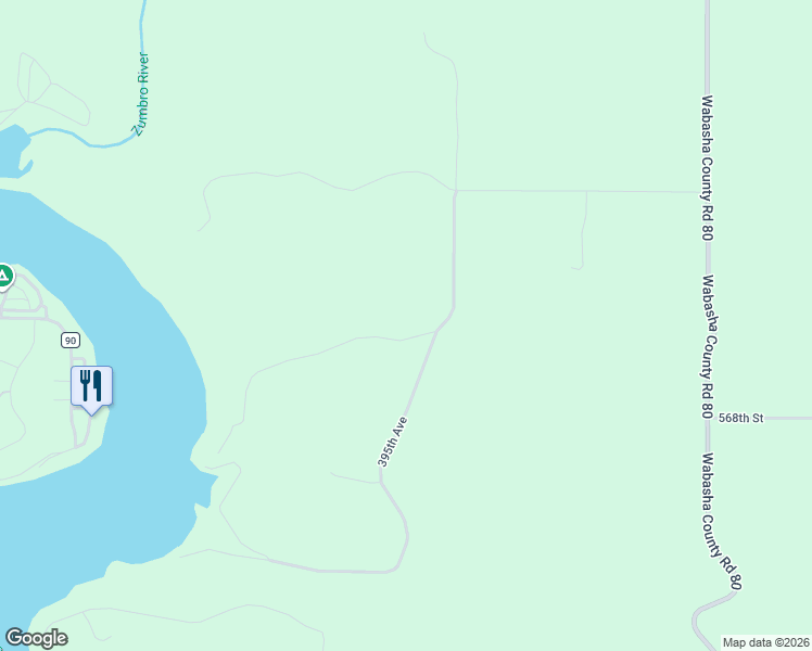 map of restaurants, bars, coffee shops, grocery stores, and more near 39568 569th Street in Zumbro Falls