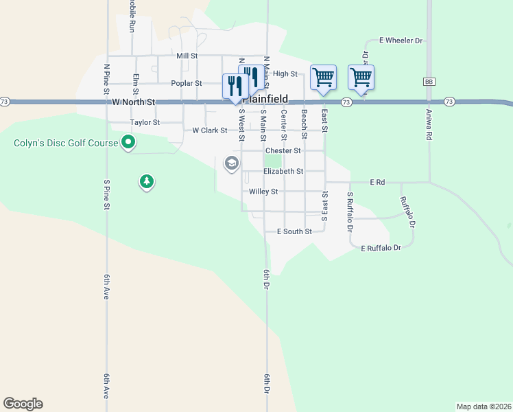 map of restaurants, bars, coffee shops, grocery stores, and more near 507 South Main Street in Plainfield