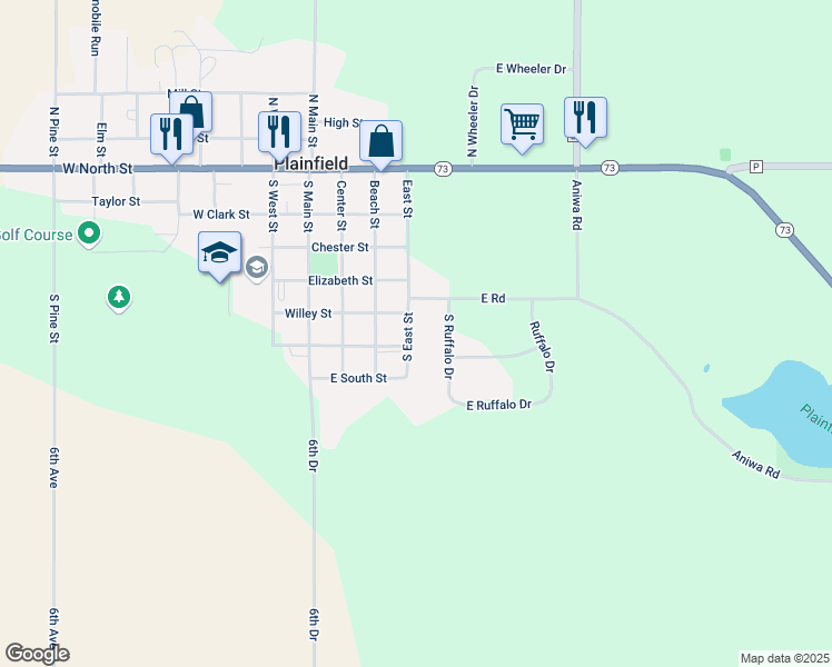 map of restaurants, bars, coffee shops, grocery stores, and more near 504 South East Street in Plainfield