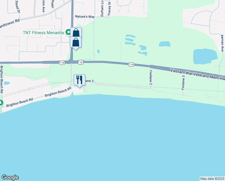 map of restaurants, bars, coffee shops, grocery stores, and more near W7205 Firelane 2 in Menasha