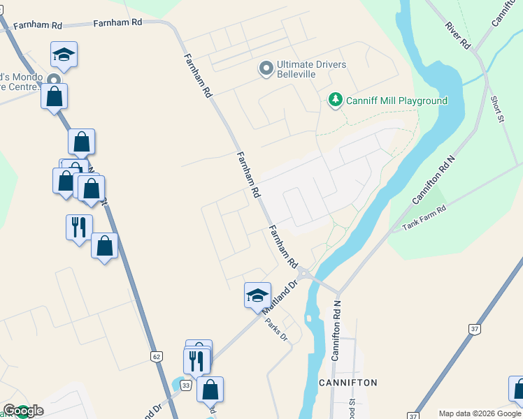 map of restaurants, bars, coffee shops, grocery stores, and more near 366 Farnham Road in Belleville