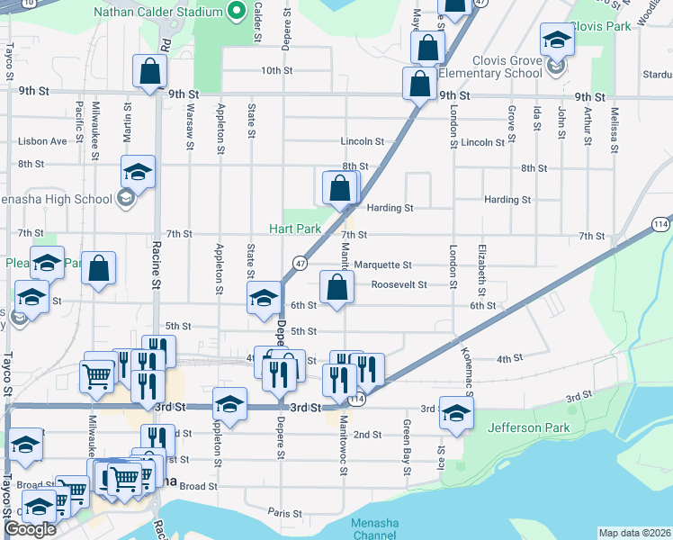 map of restaurants, bars, coffee shops, grocery stores, and more near 729 Marquette Street in Menasha