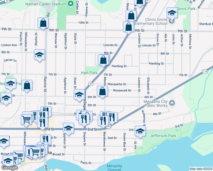 map of restaurants, bars, coffee shops, grocery stores, and more near 627 Manitowoc Street in Menasha